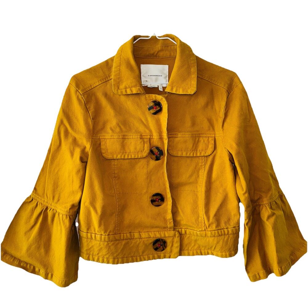 ANTHROPOLGIE Nora Flounce-Sleeved Trucker Short Jacket Small Mustard 3/4 Sleeve